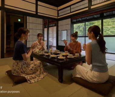 Four guests seated around a low table on tatami mats with shoji screens and garden view at AKAMA Kamakura