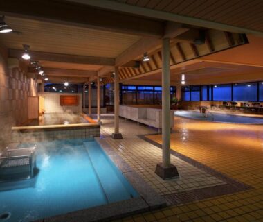 Tiled indoor onsen baths with wooden pillars and panoramic windows at Aishinkan, Iwate, Tōhoku