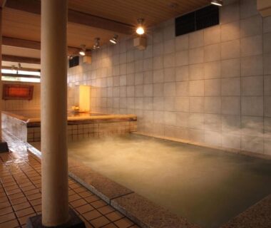 Indoor tiled onsen pool with wooden bench at Aishinkan in Iwate, Tohoku