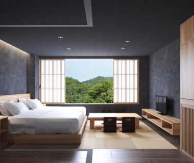 Tatami seating and beds framed by shoji window at Tsuki no Akari inn, Aizu Higashiyama, Fukushima