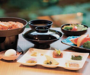 Assorted ryokan meal with sashimi and tabletop stove at Tsuki no Akari, Aizu Higashiyama, Fukushima