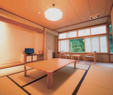Low table and tatami flooring in Tsuki no Akari room, Aizu Higashiyama Onsen, Fukushima