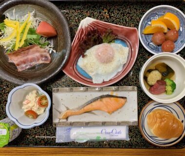 Breakfast tray with grilled fish, egg and pickles at Akaishi Ryokan in Yamanashi, Chubu Japan
