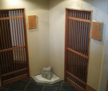 Wooden lattice sliding doors at Akakura Hotel corridor in Niigata Chubu