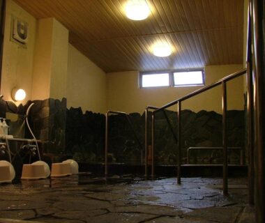 Indoor stone bath with washing stools, faucets and handrails at Akakura Hotel Niigata