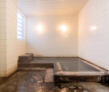 Tiled indoor onsen bath with stone edging at Akakura onsen eho ryokan in Niigata, Chūbu
