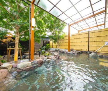 Covered onsen bath with stone edging, bamboo fence and trees at Akarinoyado Togetsu, Ōita