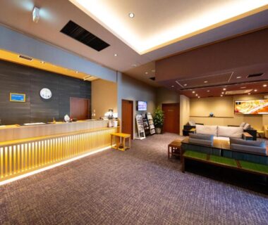 Reception desk with seating area inside Akarinoyado Togetsu in Ōita, Kyūshū