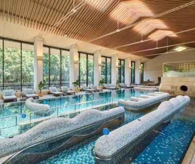 Mosaic indoor onsen baths at Akazawa Geihinkan with wooden ceiling and greenery-view windows, Shizuoka