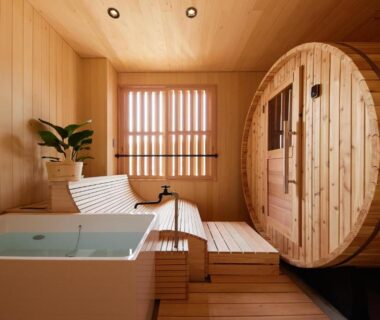Wooden barrel sauna, soaking tub and lounge chair at Akiu Fuga in Miyagi, Tohoku