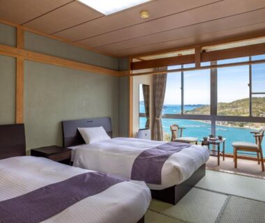 Twin beds on tatami with bay view at Ama no Shima Mie Kansai