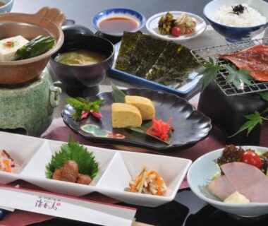 Assorted traditional Japanese dishes with grilled fish and side dishes at Ama no Shima in Mie, Kansai, Japan