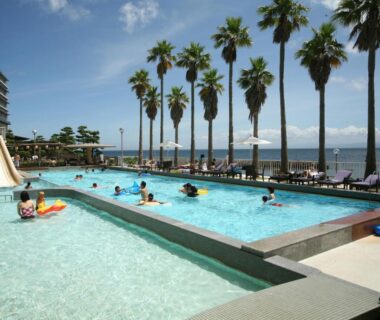 Outdoor pool with palm trees and loungers overlooking the sea at Amahara, Hyōgo