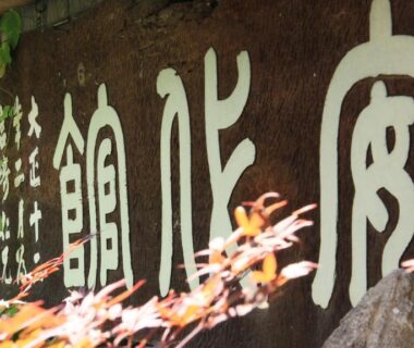 White painted kanji on dark wall with leaves, signage at Andaikan ryokan in Nagano, Chūbu