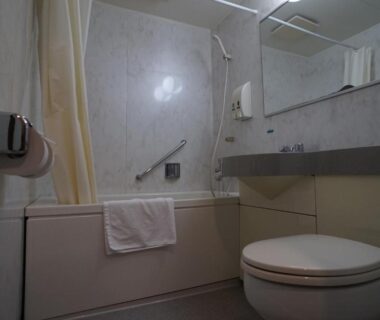 Bathtub with shower curtain, toilet, sink, and grab bar at Annex Katsutaro Ryokan in Tokyo