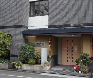 Wooden double doors and potted plants at Annex Katsutaro ryokan entrance on Tokyo street