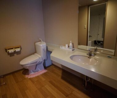 Bathroom with toilet, large sink, mirror and wooden floor at Annex Katsutaro Ryokan, Tokyo