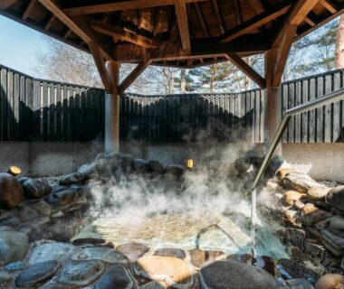 Steaming stone onsen bath under wooden gazebo at Appikogen Mori no Hotel in Iwate, Tōhoku
