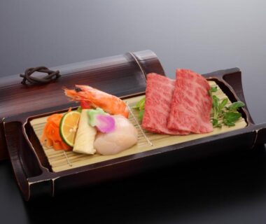 Marbled beef, prawn and vegetables on a bamboo tray at Arima Onsen Gekkoen Yugetsusanso, Hyōgo