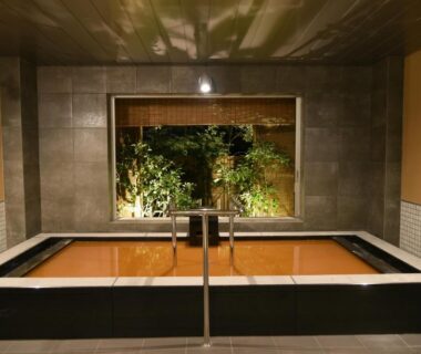 Indoor bathing area with tiled pools and garden view at Arima Onsen Taketoritei Maruyama Hyōgo Kansai
