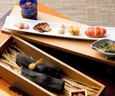 Assorted small Japanese appetizers on wooden trays with bamboo leaf, Arima Onsen Taketoritei Maruyama Hyōgo Kansai