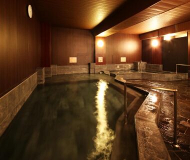 Indoor shared onsen with stone edge and wooden paneling at Arima Royal Hotel, Hyōgo, Kansai