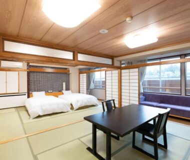 Tatami mats, low table and beds at Arimakan in Yamagata, Tōhoku, Japan
