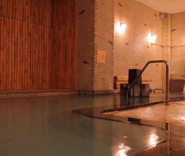 Tiled indoor onsen bath with wooden wall panels and entrance steps at Arimakan in Yamagata Tōhoku