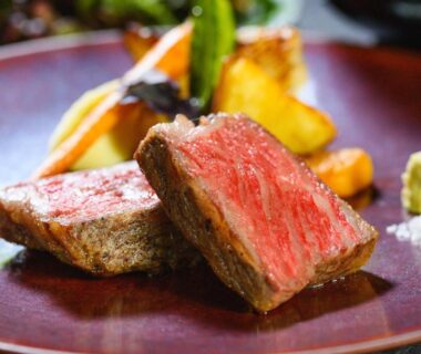 Seared beef slices with vegetables at Arimasansoh Goshobessho, Hyōgo, Japan