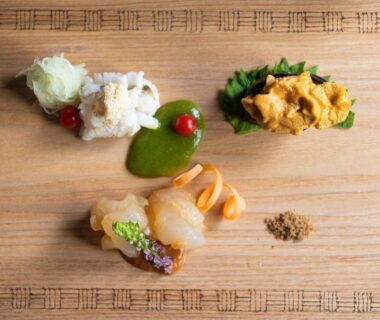 Assorted seafood on a wooden board at Arimasansoh Goshobessho, Hyōgo, Kansai