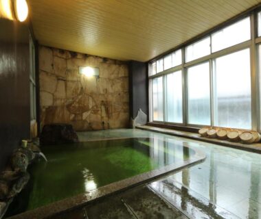 Indoor onsen bath with stone wall and wide windows at Aritaya Ryokan, Nagano, Chubu, Japan