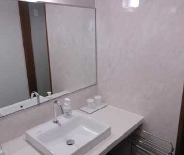 Wash basin and mirror in Asagiriso bathroom, Hyōgo Japan