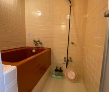 Wooden bathtub and shower in tiled bathroom at Asakusa Ryokan Toukaisou in Tokyo