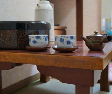 Wooden low table with ceramic teapot and cups on tatami at Asakusa Ryokan Toukaisou in Tokyo, Kantō, Japan