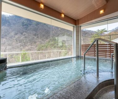 Indoor onsen bath with large windows overlooking wooded mountains at Ashionoyado Kajika in Tochigi