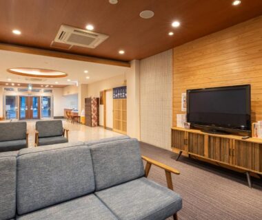 Ryokan lounge with sofas, wooden TV console and reception area at Ashionoyado Kajika in Tochigi