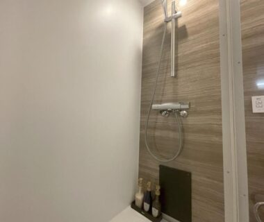 Wall-mounted showerhead with toiletries on ledge, wood-tone paneling at Ashiwada Hotel Yamanashi Chūbu