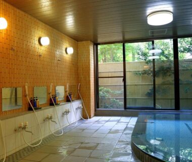 Indoor onsen washing area with glass doors and garden view at Asia Hotel FUJISAN Yamanashi