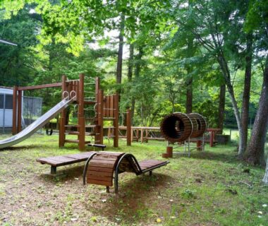 Outdoor wooden playground with slide among trees at Asia Hotel FUJISAN grounds, Yamanashi, Chūbu, Japan