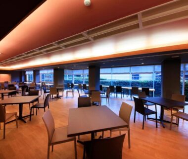 Dining room with wooden floors and floor-to-ceiling windows, Atami Fuga, Shizuoka, Chūbu, Japan