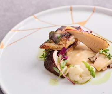 Seafood and mushroom dish with creamy sauce and microgreens on a white plate