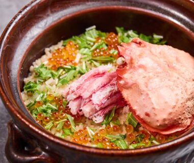 Crab and ikura over rice in a ceramic donburi at Atami Izusan Karaku, Shizuoka