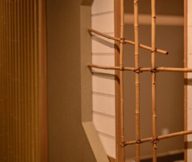 Bamboo lattice and shoji screen interior detail at Atami Onsen Sakuraya Ryokan in Shizuoka Chūbu