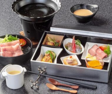 Lacquered bento box with assorted small dishes, salad and sauce at Atami Season Hotel in Shizuoka, Chūbu