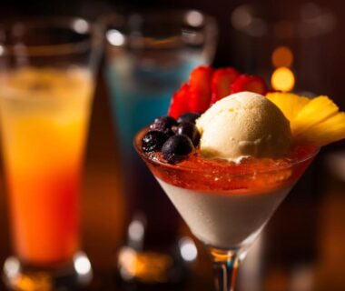 Glass dessert with ice cream, berries and jelly in ryokan dining at Atarayo Nishiizu Onsen