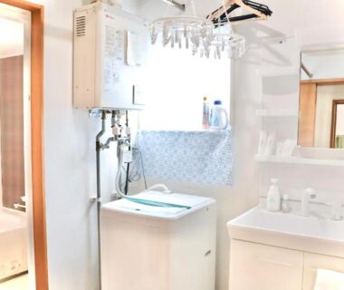 Compact bathroom with washing machine, sink and mirror at Auberge Ninguruforet Hokkaidō