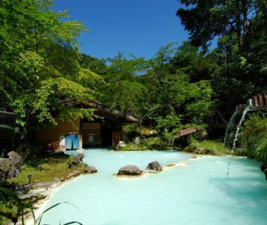 Turquoise outdoor onsen bath surrounded by trees at Awanoyu in Nagano, Chūbu