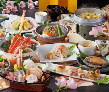 Assorted sashimi, tempura and crab in traditional multi-course meal at Awazuonsen Kitahachi, Ishikawa, Chubu
