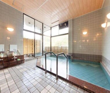 Tiled indoor onsen bath with handrails, washing stations and large windows at Ayameya Ryokan in Gunma