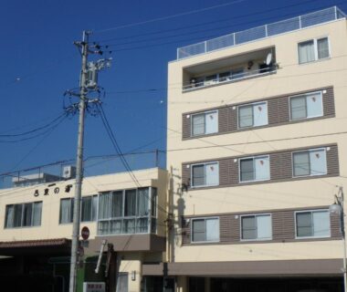 Multi-story ryokan exterior with balconies and visible power lines under clear blue sky, Azuma no Yu, Nagano